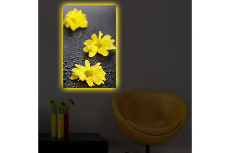 Canvas-taulu LED-valaistuksella 70x45 cm - Keltaisia kukkia ja vesipisaroita tummalla pinnalla - Keltainen / Musta - Sisustustuotteet - Taulu & taide - Canvas-taulu