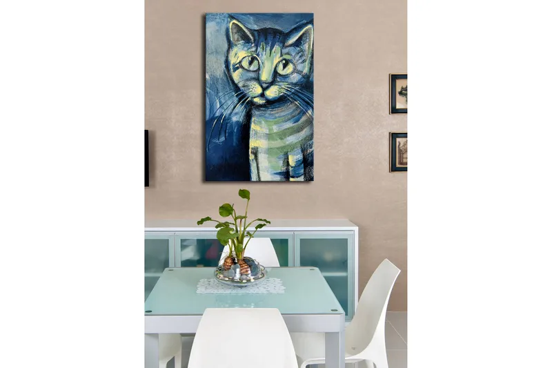 Canvas-taulu LED-valaistuksella 70x45 cm - Kissan muotokuva ilmeikkäillä silmillä - Sininen / Vihreä / Musta - Sisustustuotteet - Taulu & taide - Canvas-taulu