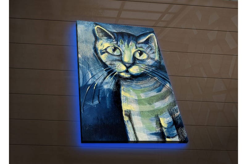 Canvas-taulu LED-valaistuksella 70x45 cm - Kissan muotokuva ilmeikkäillä silmillä, Sininen / Vihreä / Musta