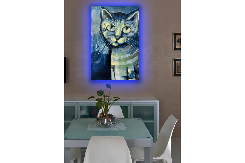 Canvas-taulu LED-valaistuksella 70x45 cm - Kissan muotokuva ilmeikkäillä silmillä - Sininen / Vihreä / Musta - Sisustustuotteet - Taulu & taide - Canvas-taulu