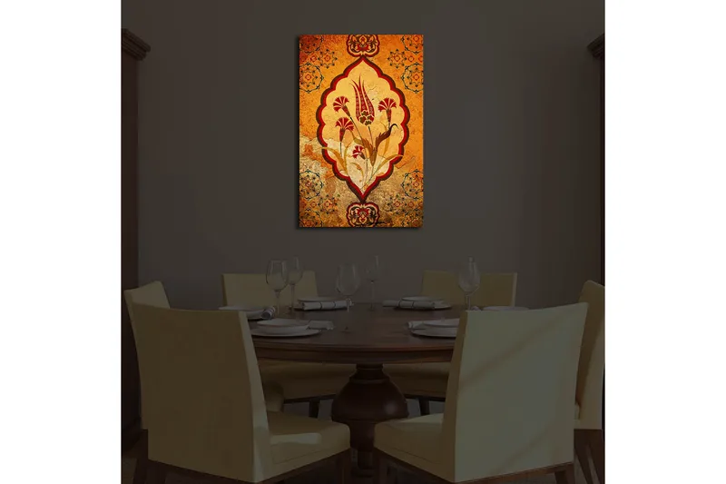 Canvas-taulu LED-valaistuksella 70x45 cm - Koristeellinen kukkakuvio lämpimin sävyin - Oranssi / Punainen / Beige - Sisustustuotteet - Taulu & taide - Canvas-taulu