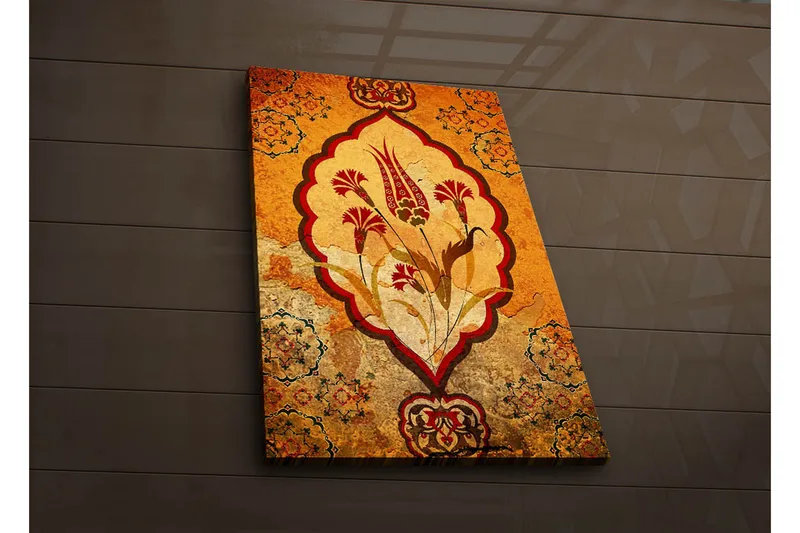 Canvas-taulu LED-valaistuksella 70x45 cm - Koristeellinen kukkakuvio lämpimin sävyin, Oranssi / Punainen / Beige