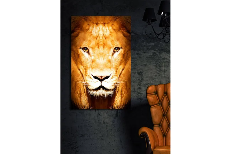 Canvas-taulu LED-valaistuksella 70x45 cm - Majesteettinen leijonanpää intensiivisillä silmillä - Kulta / Ruskea / Musta - Sisustustuotteet - Taulu & taide - Canvas-taulu
