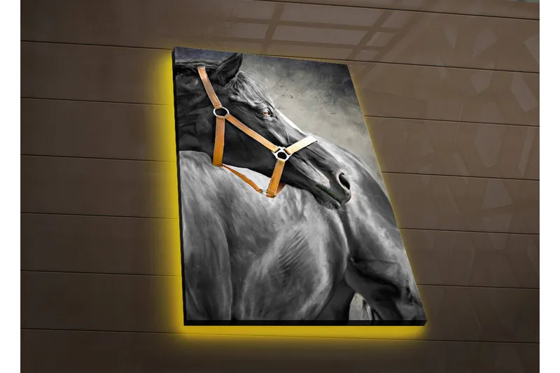 Canvas-taulu LED-valaistuksella 70x45 cm - Muotokuva hevosesta nahkariimulla, Musta / Ruskea / Harmaa