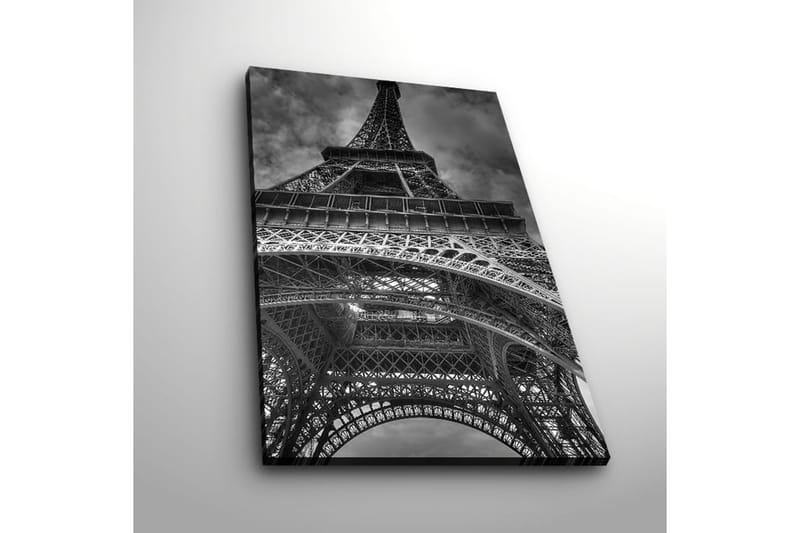 Canvas-taulu LED-valaistuksella 70x45 cm - mustavalkoinen kuva Eiffel-tornista dramaattisesta kulmasta katsottuna - Musta / Valkoinen / Harmaa - Sisustustuotteet - Taulu & taide - Canvas-taulu