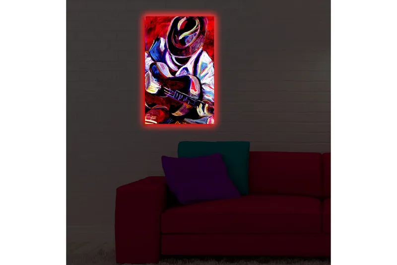 Canvas-taulu LED-valaistuksella 70x45 cm - Muusikko soittaa kitaraa intohimoisesti - Punainen / Sininen / Valkoinen - Sisustustuotteet - Taulu & taide - Canvas-taulu