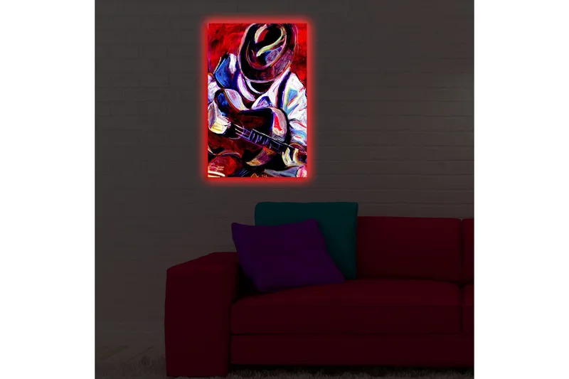 Canvas-taulu LED-valaistuksella 70x45 cm - Muusikko soittaa kitaraa intohimoisesti - Punainen / Sininen / Valkoinen - Sisustustuotteet - Taulu & taide - Canvas-taulu
