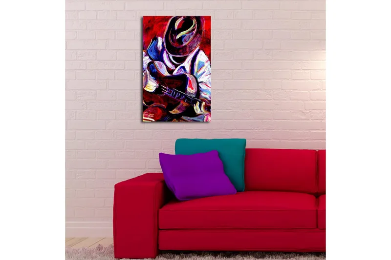 Canvas-taulu LED-valaistuksella 70x45 cm - Muusikko soittaa kitaraa intohimoisesti - Punainen / Sininen / Valkoinen - Sisustustuotteet - Taulu & taide - Canvas-taulu