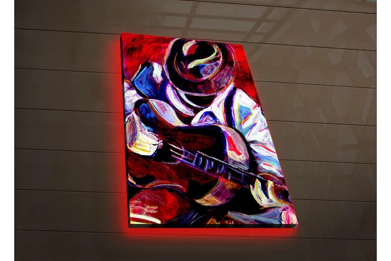 Canvas-taulu LED-valaistuksella 70x45 cm - Muusikko soittaa kitaraa intohimoisesti - Punainen / Sininen / Valkoinen - Sisustustuotteet - Taulu & taide - Canvas-taulu