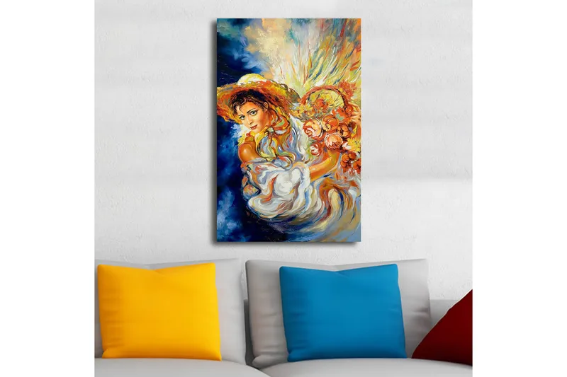 Canvas-taulu LED-valaistuksella 70x45 cm - Nainen kukkien ja aurinkohatun kanssa värikkäässä sommitelmassa - Sininen / Oranssi / Valkoinen - Sisustustuotteet - Taulu & taide - Canvas-taulu