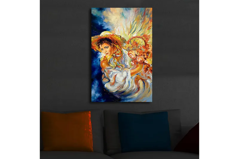 Canvas-taulu LED-valaistuksella 70x45 cm - Nainen kukkien ja aurinkohatun kanssa värikkäässä sommitelmassa - Sininen / Oranssi / Valkoinen - Sisustustuotteet - Taulu & taide - Canvas-taulu