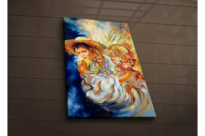 Canvas-taulu LED-valaistuksella 70x45 cm - Nainen kukkien ja aurinkohatun kanssa värikkäässä sommitelmassa, Sininen / Oranssi / Valkoinen