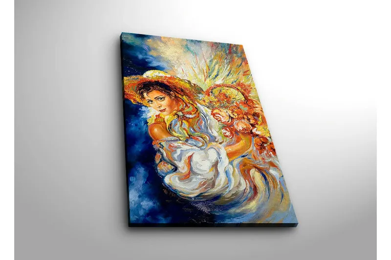 Canvas-taulu LED-valaistuksella 70x45 cm - Nainen kukkien ja aurinkohatun kanssa värikkäässä sommitelmassa - Sininen / Oranssi / Valkoinen - Sisustustuotteet - Taulu & taide - Canvas-taulu