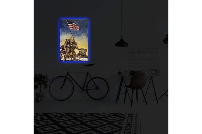 Canvas-taulu LED-valaistuksella 70x45 cm - Sotilaat nostavat lippua taistelun aikana - Vihreä / Sininen / Punainen - Sisustustuotteet - Taulu & taide - Canvas-taulu