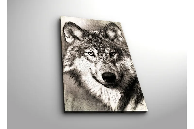 Canvas-taulu LED-valaistuksella 70x45 cm - Suden muotokuva ilmeikkäillä yksityiskohdilla - Musta / Harmaa / Valkoinen - Sisustustuotteet - Taulu & taide - Canvas-taulu