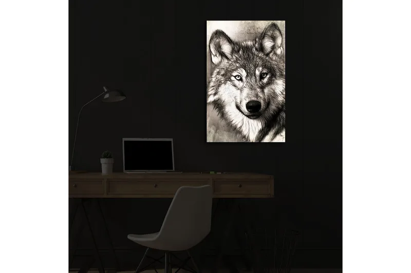 Canvas-taulu LED-valaistuksella 70x45 cm - Suden muotokuva ilmeikkäillä yksityiskohdilla - Musta / Harmaa / Valkoinen - Sisustustuotteet - Taulu & taide - Canvas-taulu