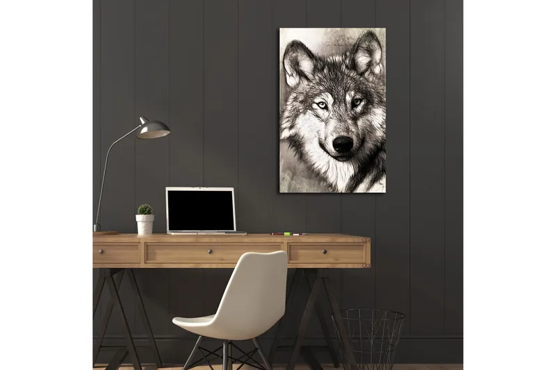 Canvas-taulu LED-valaistuksella 70x45 cm - Suden muotokuva ilmeikkäillä yksityiskohdilla - Musta / Harmaa / Valkoinen - Sisustustuotteet - Taulu & taide - Canvas-taulu