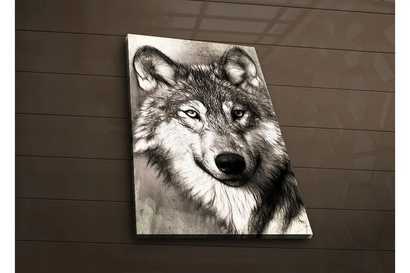 Canvas-taulu LED-valaistuksella 70x45 cm - Suden muotokuva ilmeikkäillä yksityiskohdilla, Musta / Harmaa / Valkoinen