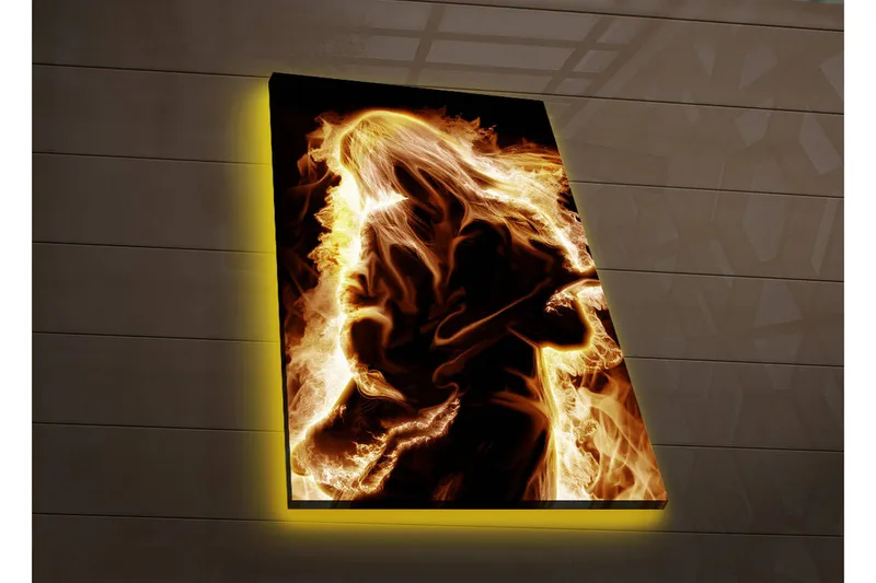 Canvas-taulu LED-valaistuksella 70x45 cm - Tulinen kitaristin siluetti, Kulta / Oranssi / Musta