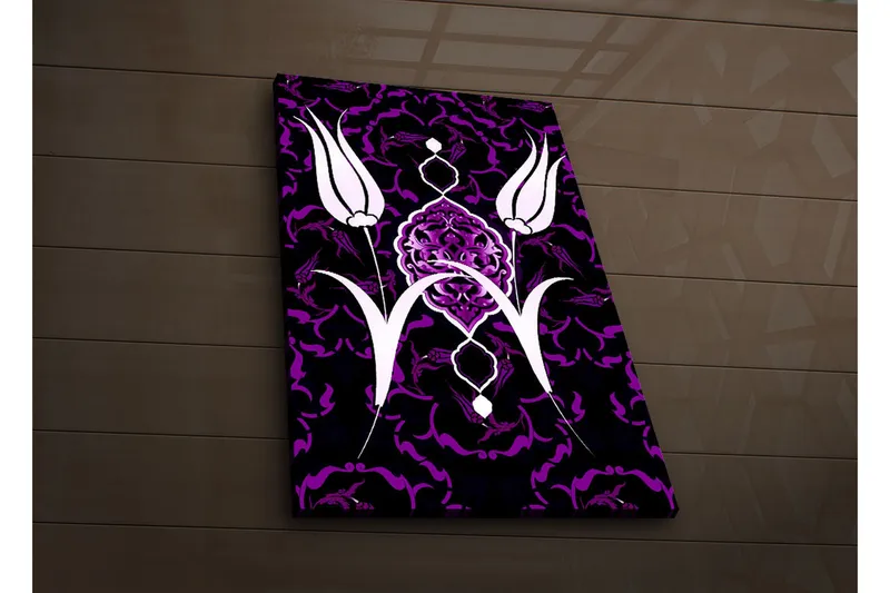 Canvas-taulu LED-valaistuksella 70x45 cm - Tyyliteltyjä kukkia kontrastiväreissä, Violetti / Valkoinen / Musta