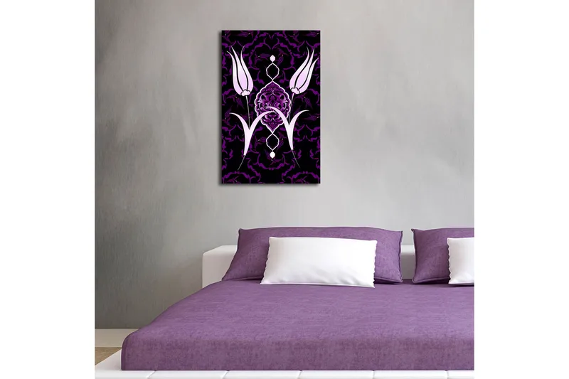 Canvas-taulu LED-valaistuksella 70x45 cm - Tyyliteltyjä kukkia kontrastiväreissä - Violetti / Valkoinen / Musta - Sisustustuotteet - Taulu & taide - Canvas-taulu