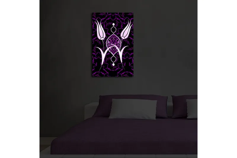 Canvas-taulu LED-valaistuksella 70x45 cm - Tyyliteltyjä kukkia kontrastiväreissä - Violetti / Valkoinen / Musta - Sisustustuotteet - Taulu & taide - Canvas-taulu
