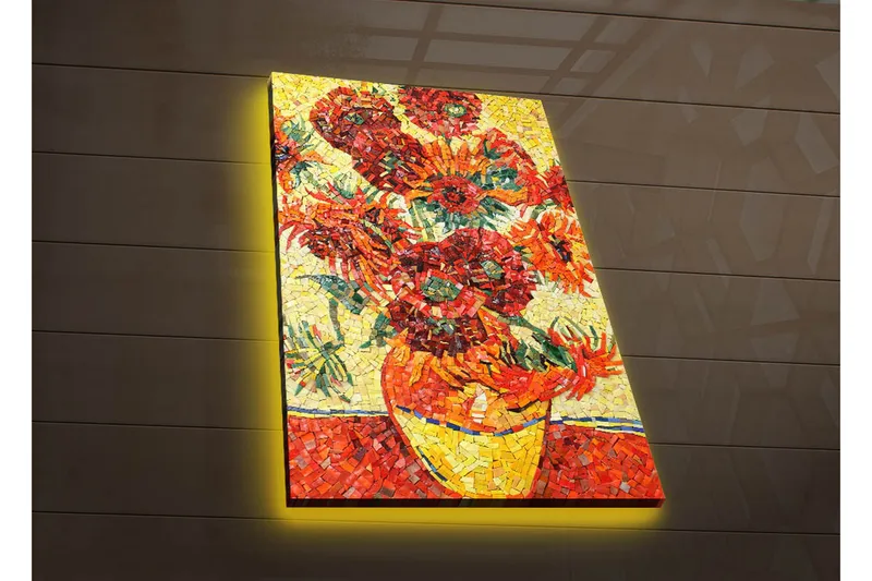 Canvas-taulu LED-valaistuksella 70x45 cm - Värikäs auringonkukkakimppu maljakossa, Punainen / Keltainen / Vihreä