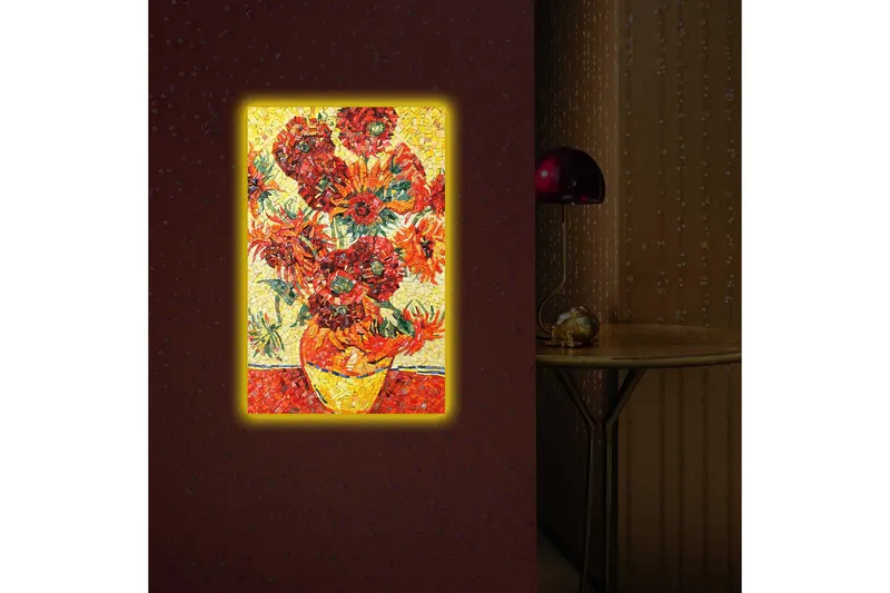 Canvas-taulu LED-valaistuksella 70x45 cm - Värikäs auringonkukkakimppu maljakossa - Punainen / Keltainen / Vihreä - Sisustustuotteet - Taulu & taide - Canvas-taulu