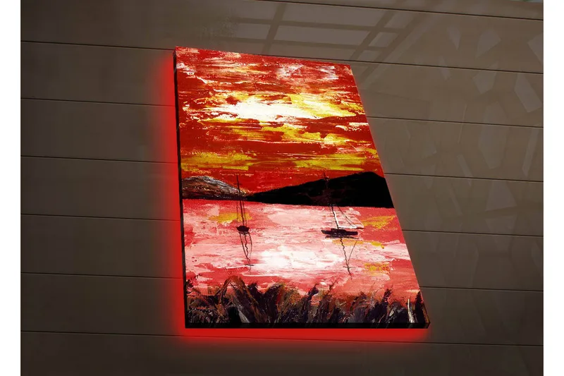 Canvas-taulu LED-valaistuksella 70x45 cm - Värikäs auringonlasku purjeveneiden kanssa järven yllä, Punainen / Oranssi / Musta