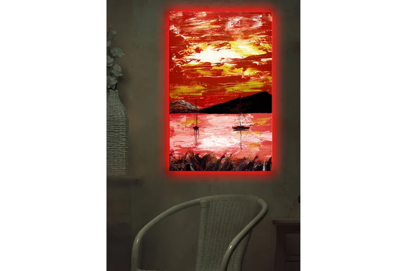 Canvas-taulu LED-valaistuksella 70x45 cm - Värikäs auringonlasku purjeveneiden kanssa järven yllä - Punainen / Oranssi / Musta - Sisustustuotteet - Taulu & taide - Canvas-taulu
