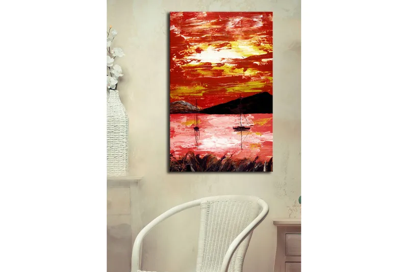 Canvas-taulu LED-valaistuksella 70x45 cm - Värikäs auringonlasku purjeveneiden kanssa järven yllä - Punainen / Oranssi / Musta - Sisustustuotteet - Taulu & taide - Canvas-taulu