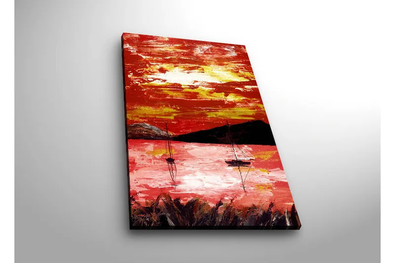 Canvas-taulu LED-valaistuksella 70x45 cm - Värikäs auringonlasku purjeveneiden kanssa järven yllä - Punainen / Oranssi / Musta - Sisustustuotteet - Taulu & taide - Canvas-taulu