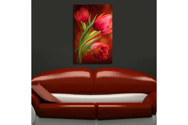 Canvas-taulu LED-valaistuksella 70x45 cm - Värikkäät tulppaanit eloisassa sommitelmassa - Punainen / Vihreä / Oranssi - Sisustustuotteet - Taulu & taide - Canvas-taulu