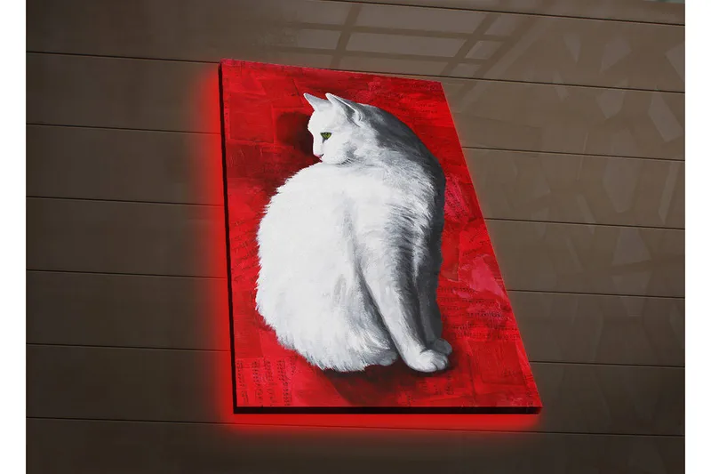 Canvas-taulu LED-valaistuksella 70x45 cm - Valkoinen kissa punaisella taustalla, Valkoinen / Punainen