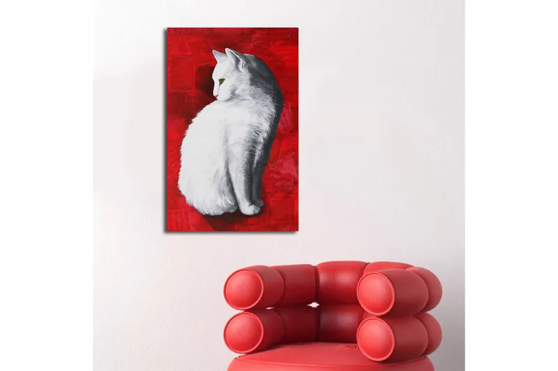 Canvas-taulu LED-valaistuksella 70x45 cm - Valkoinen kissa punaisella taustalla - Valkoinen / Punainen - Sisustustuotteet - Taulu & taide - Canvas-taulu