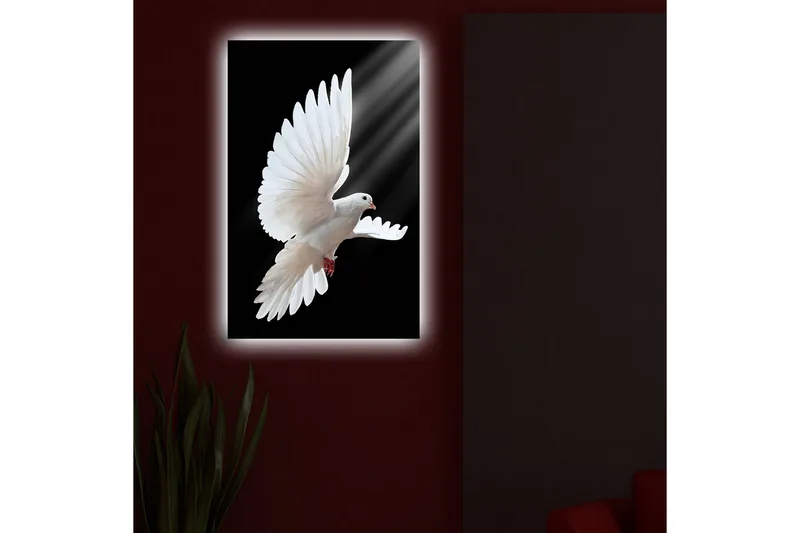 Canvas-taulu LED-valaistuksella 70x45 cm - Valkoinen kyyhky lennossa siivet ojennettuina - Valkoinen / Musta - Sisustustuotteet - Taulu & taide - Canvas-taulu