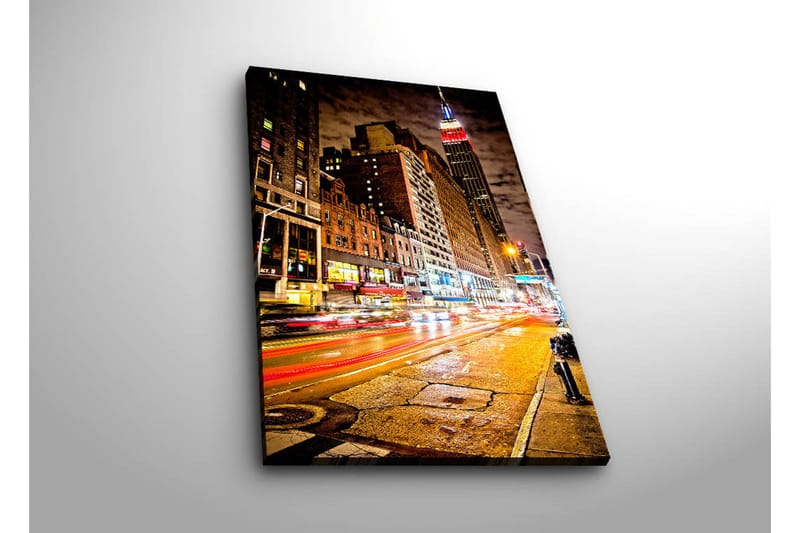 Canvas-taulu LED-valaistuksella 70x45 cm - Vilkas kaupunkikuva liikkeellä ja liikenteen ja rakennusten valoleikeillä - Tummansininen / Oranssi / Punainen - Sisustustuotteet - Taulu & taide - Canvas-taulu