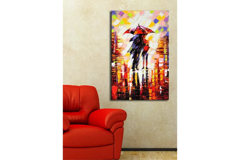 Canvas-taulu LED-valaistuksella 70x45 cm - Pariskunta kävelee sateessa sateenvarjojen kanssa - Punainen / Musta / Keltainen - Sisustustuotteet - Taulu & taide - Canvas-taulu