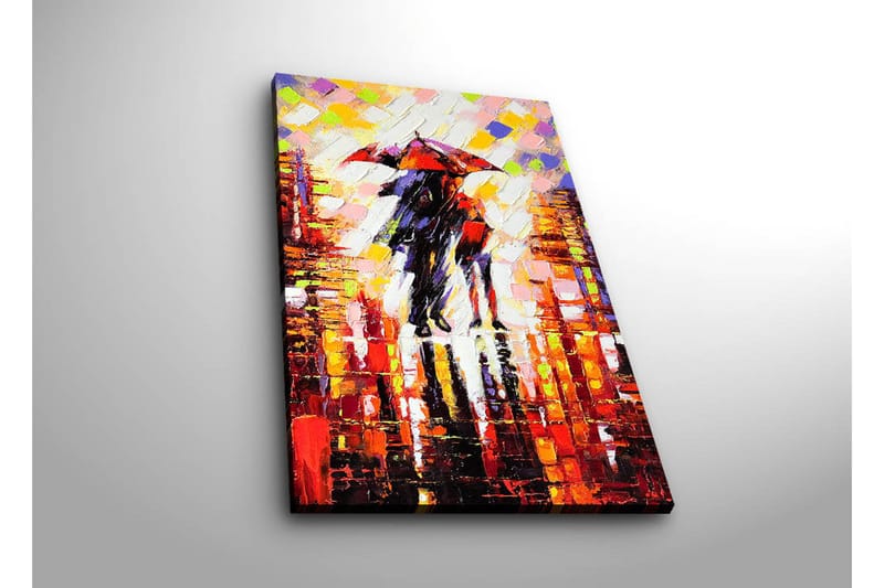 Canvas-taulu LED-valaistuksella 70x45 cm - Pariskunta kävelee sateessa sateenvarjojen kanssa - Punainen / Musta / Keltainen - Sisustustuotteet - Taulu & taide - Canvas-taulu