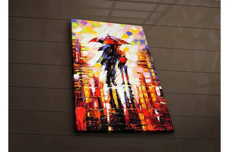 Canvas-taulu LED-valaistuksella 70x45 cm - Pariskunta kävelee sateessa sateenvarjojen kanssa - Punainen / Musta / Keltainen - Sisustustuotteet - Taulu & taide - Canvas-taulu