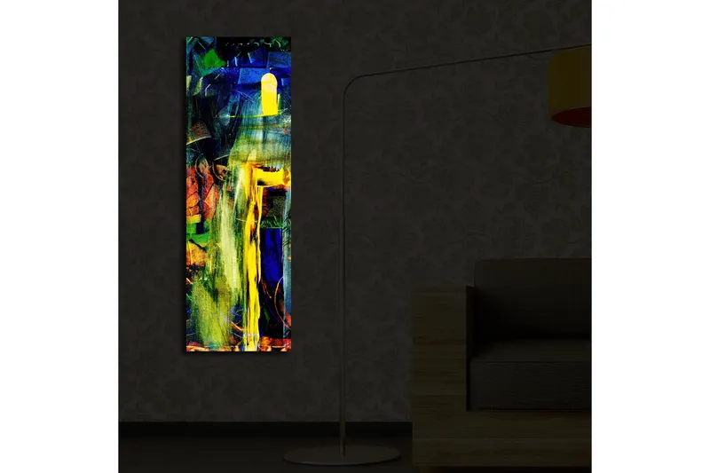 Canvas-taulu LED-valaistuksella 90x30 cm - Abstrakti sommitelma vahvoilla väreillä ja muodoilla - Vihreä / Sininen / Keltainen - Sisustustuotteet - Taulu & taide - Canvas-taulu