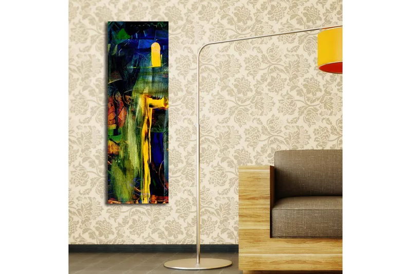 Canvas-taulu LED-valaistuksella 90x30 cm - Abstrakti sommitelma vahvoilla väreillä ja muodoilla - Vihreä / Sininen / Keltainen - Sisustustuotteet - Taulu & taide - Canvas-taulu