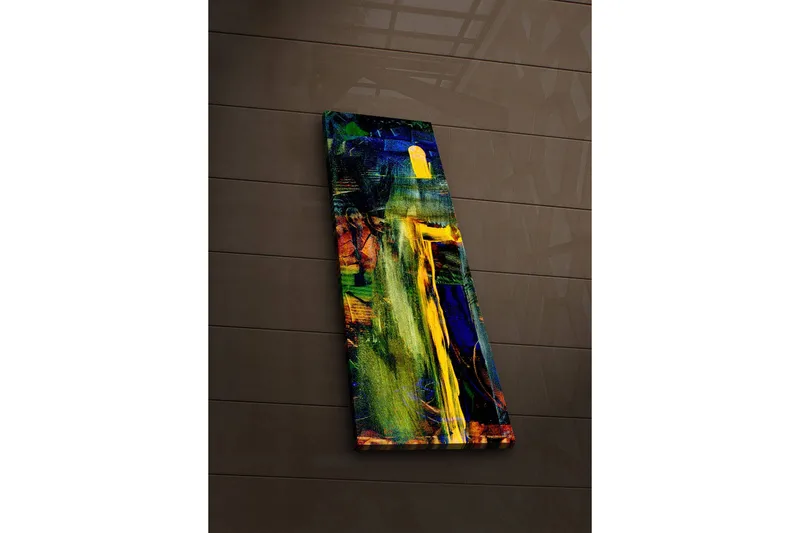 Canvas-taulu LED-valaistuksella 90x30 cm - Abstrakti sommitelma vahvoilla väreillä ja muodoilla, Vihreä / Sininen / Keltainen