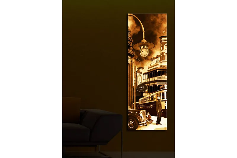 Canvas-taulu LED-valaistuksella 90x30 cm - Historiallinen kaupunkikuva vanhalla autolla ja raitiovaunulla - Ruskea / Beige / Musta - Sisustustuotteet - Taulu & taide - Canvas-taulu