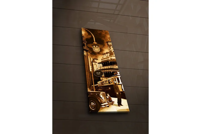 Canvas-taulu LED-valaistuksella 90x30 cm - Historiallinen kaupunkikuva vanhalla autolla ja raitiovaunulla, Ruskea / Beige / Musta