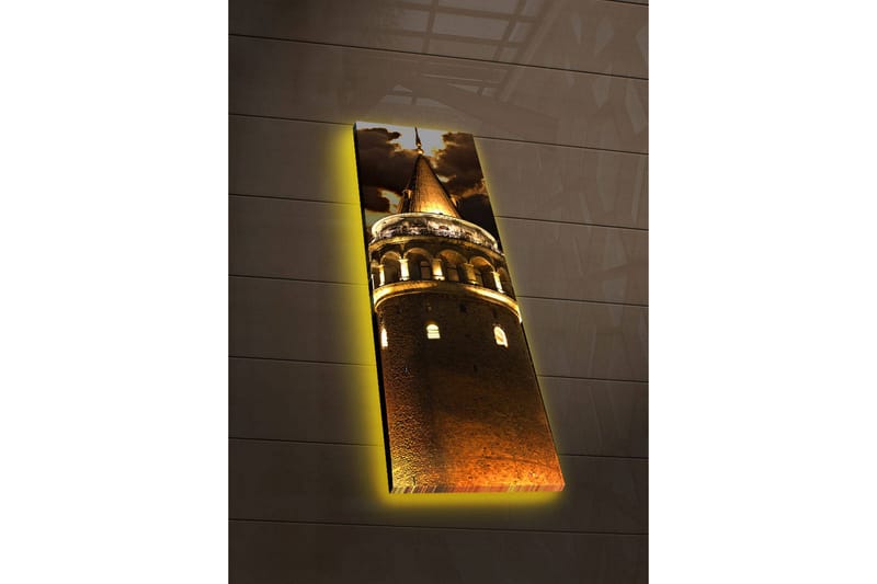 Canvas-taulu LED-valaistuksella 90x30 cm - Historiallinen torni valaistulla huipulla, Kulta / Tummanruskea / Musta