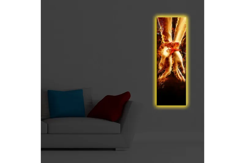 Canvas-taulu LED-valaistuksella 90x30 cm - Lomitetut kädet tulen ja valon ympäröimänä - Punainen / Oranssi / Musta - Sisustustuotteet - Taulu & taide - Canvas-taulu