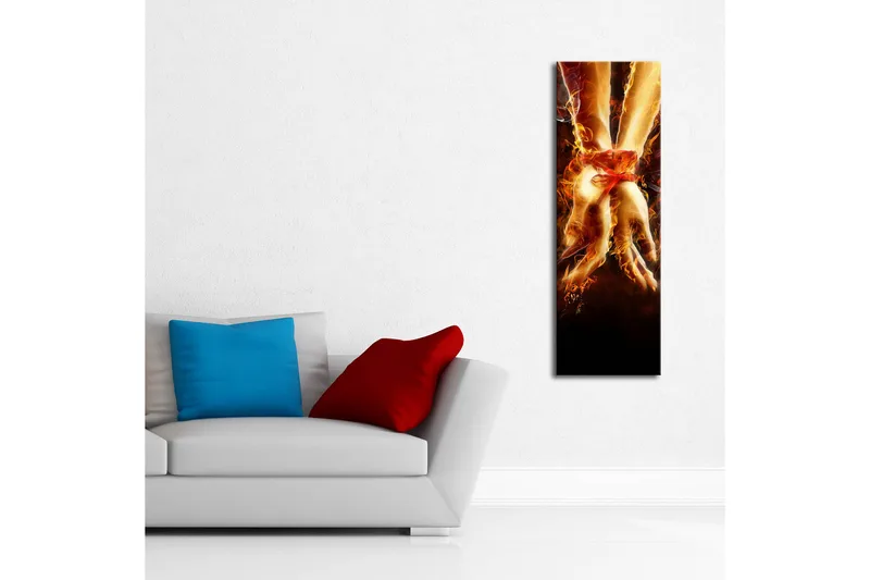 Canvas-taulu LED-valaistuksella 90x30 cm - Lomitetut kädet tulen ja valon ympäröimänä - Punainen / Oranssi / Musta - Sisustustuotteet - Taulu & taide - Canvas-taulu