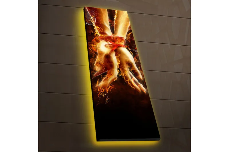Canvas-taulu LED-valaistuksella 90x30 cm - Lomitetut kädet tulen ja valon ympäröimänä, Punainen / Oranssi / Musta