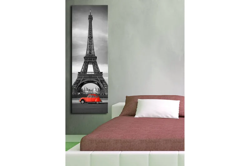 Canvas-taulu LED-valaistuksella 90x30 cm - mustavalkoinen kuva Eiffel-tornista ja punainen auto etualalla - Punainen / Musta / Harmaa - Sisustustuotteet - Taulu & taide - Canvas-taulu